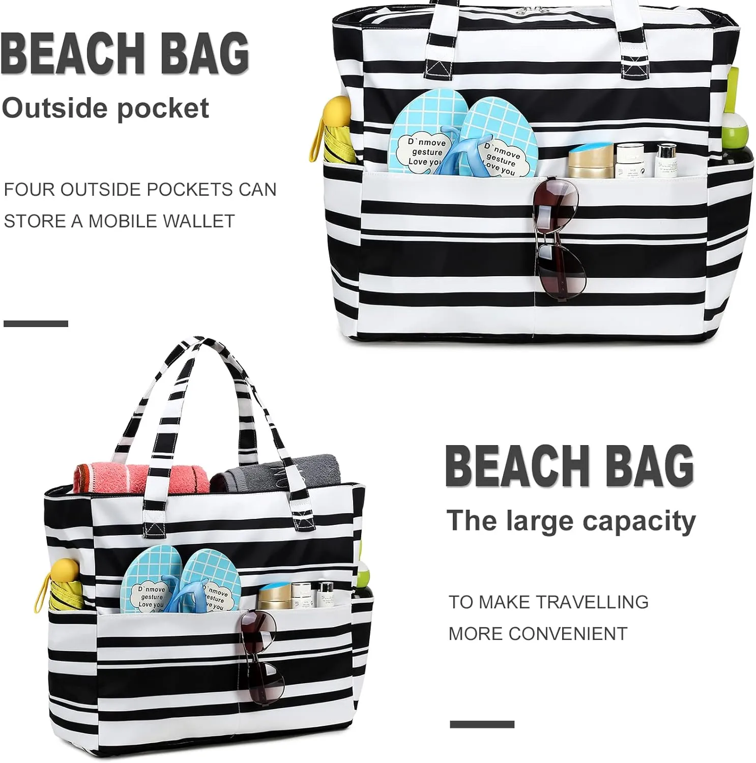 LEDAOU Large Beach Tote Bag Women Waterproof Sandproof Zipper Beach Tote Bag for Pool Gym Grocery Travel with Wet Pocket