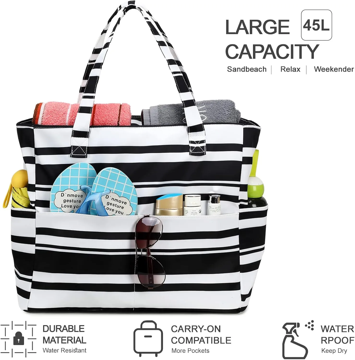 LEDAOU Large Beach Tote Bag Women Waterproof Sandproof Zipper Beach Tote Bag for Pool Gym Grocery Travel with Wet Pocket