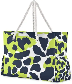 Leopard Print Lime Green and Navy Blue Personal Item Bag Waterproof Sandproof with side pockets Large Duffel Bag Sports Tote for Weekend Travel