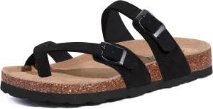 Litfun Women's Genuine Suede Cork Footbed Sandals Comfortable Summer Slides with Adjustable Buckle