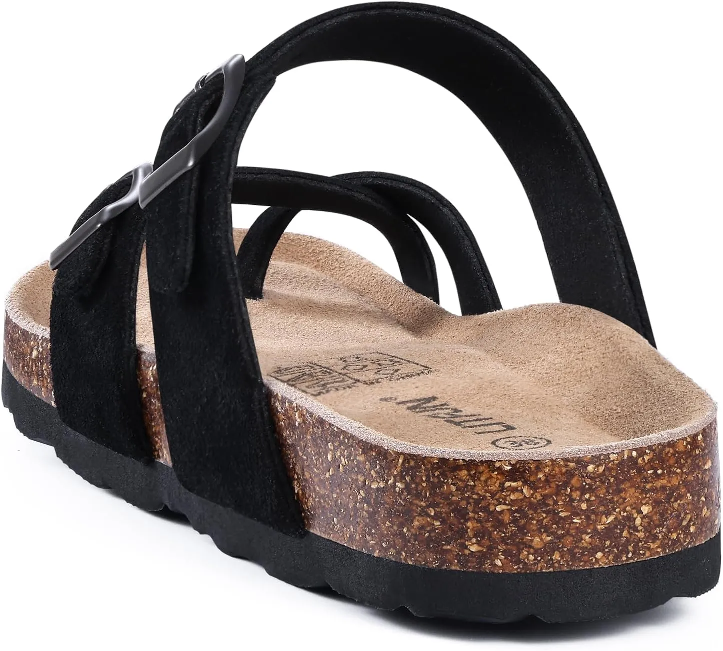 Litfun Women's Genuine Suede Cork Footbed Sandals Comfortable Summer Slides with Adjustable Buckle