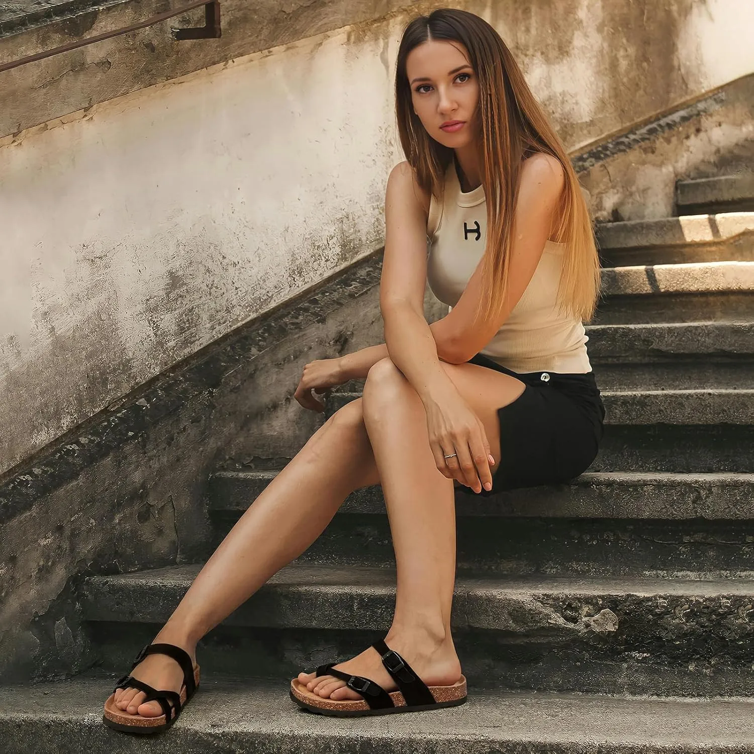Litfun Women's Genuine Suede Cork Footbed Sandals Comfortable Summer Slides with Adjustable Buckle