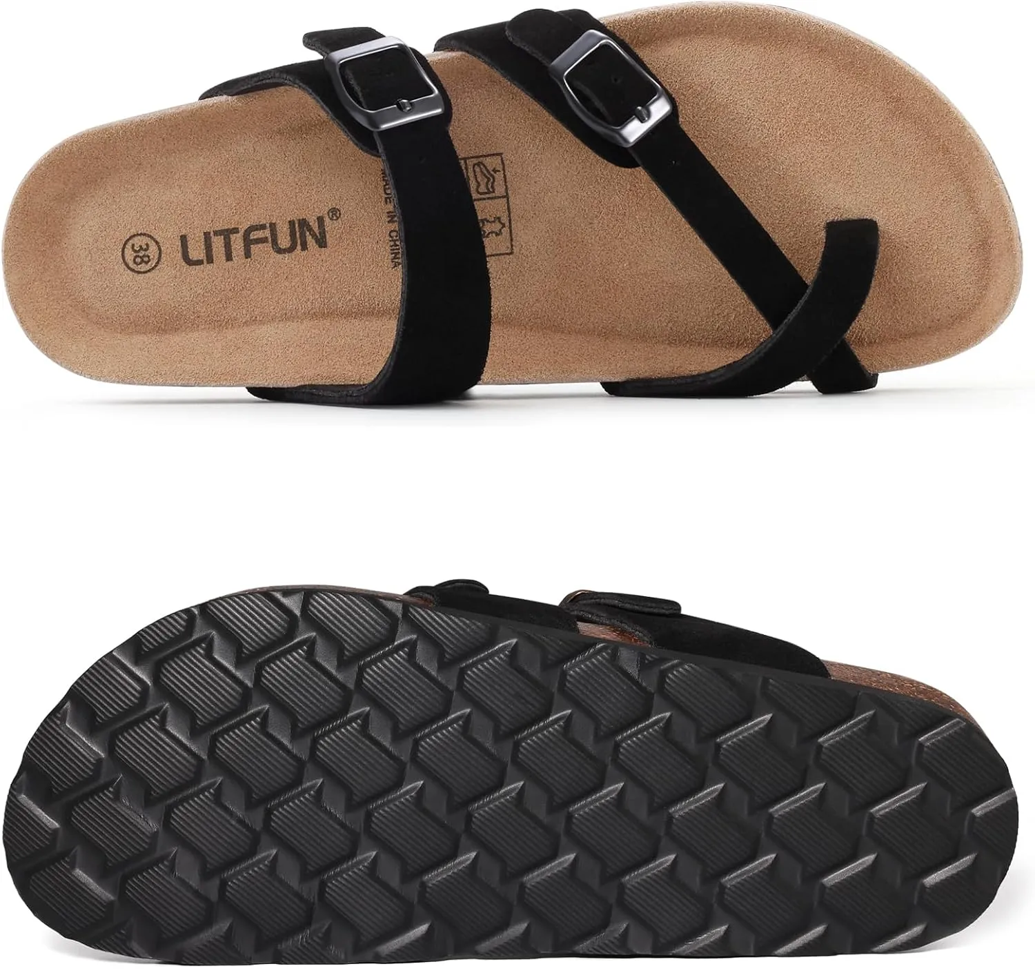 Litfun Women's Genuine Suede Cork Footbed Sandals Comfortable Summer Slides with Adjustable Buckle
