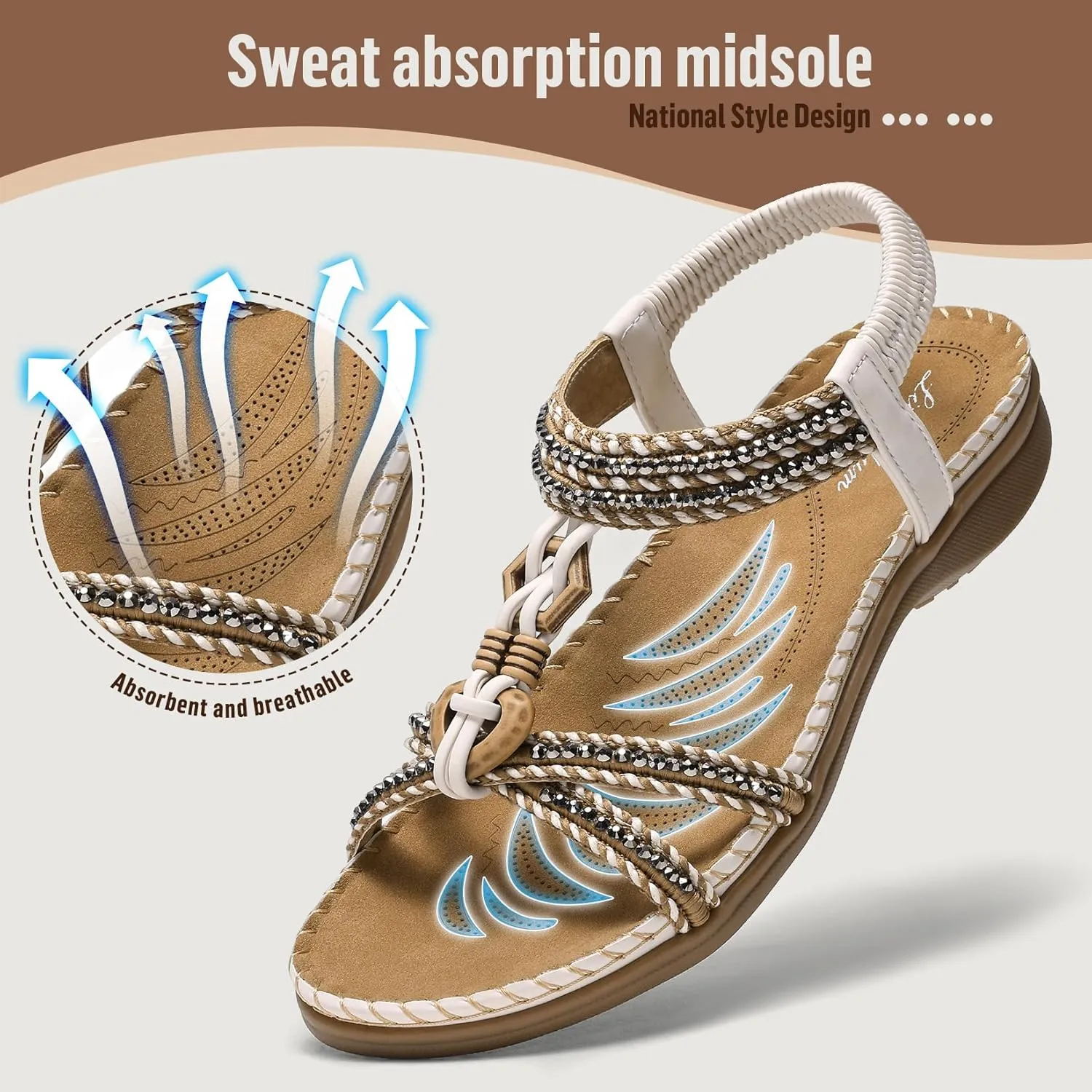 Littleplum Womens Sandals Arch Support Summer Flat Slides Ankle Elastic Walking Shoes Braided Beach Dressy Sandals for Women