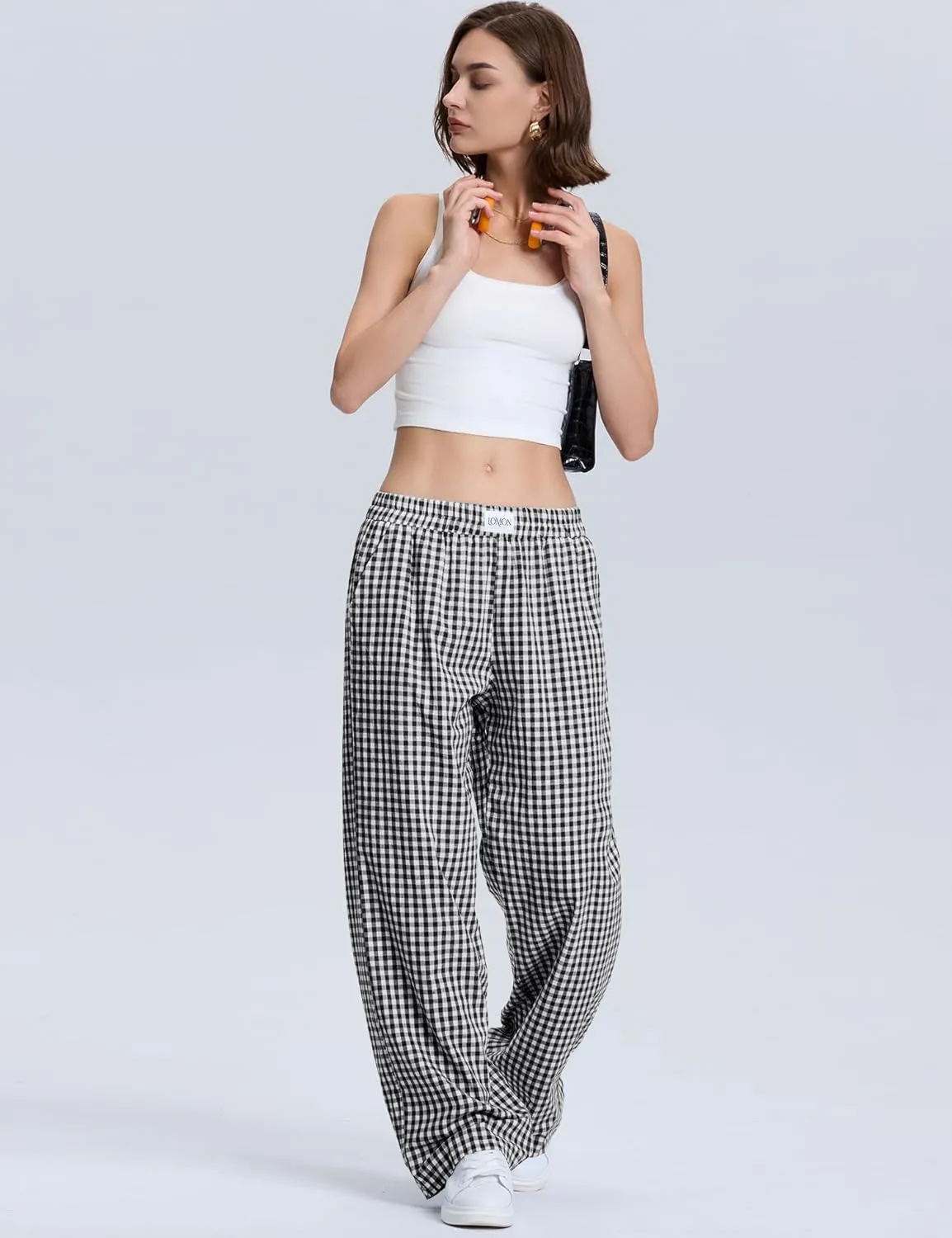 LOMON Women's Striped Gingham Boxer Pants Cotton Pajama Lounge Pj Casual Plaid Trousers Y2K Beach Bottoms with Pockets