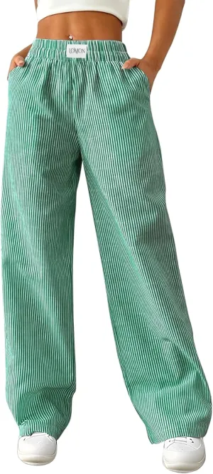 LOMON Women's Striped Gingham Boxer Pants Cotton Pajama Lounge Pj Casual Plaid Trousers Y2K Beach Bottoms with Pockets