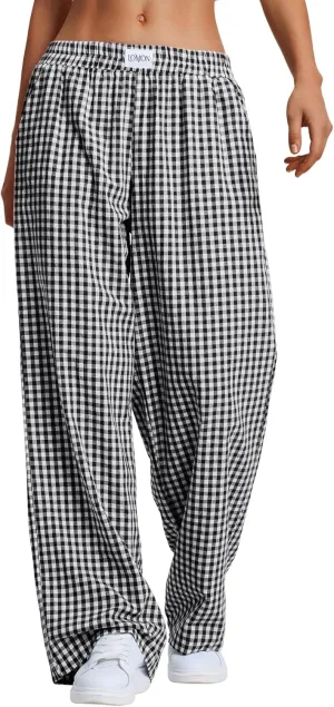 LOMON Women's Striped Gingham Boxer Pants Cotton Pajama Lounge Pj Casual Plaid Trousers Y2K Beach Bottoms with Pockets