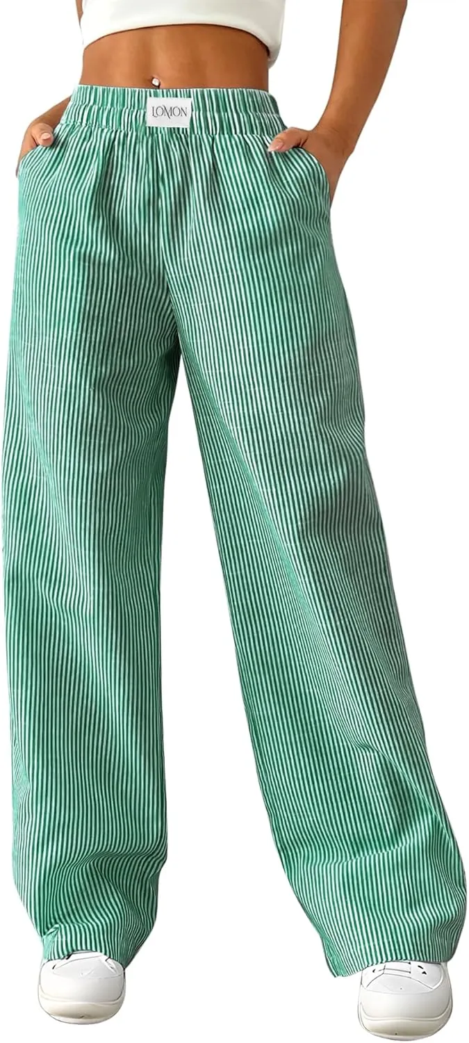LOMON Women's Striped Gingham Boxer Pants Cotton Pajama Lounge Pj Casual Plaid Trousers Y2K Beach Bottoms with Pockets