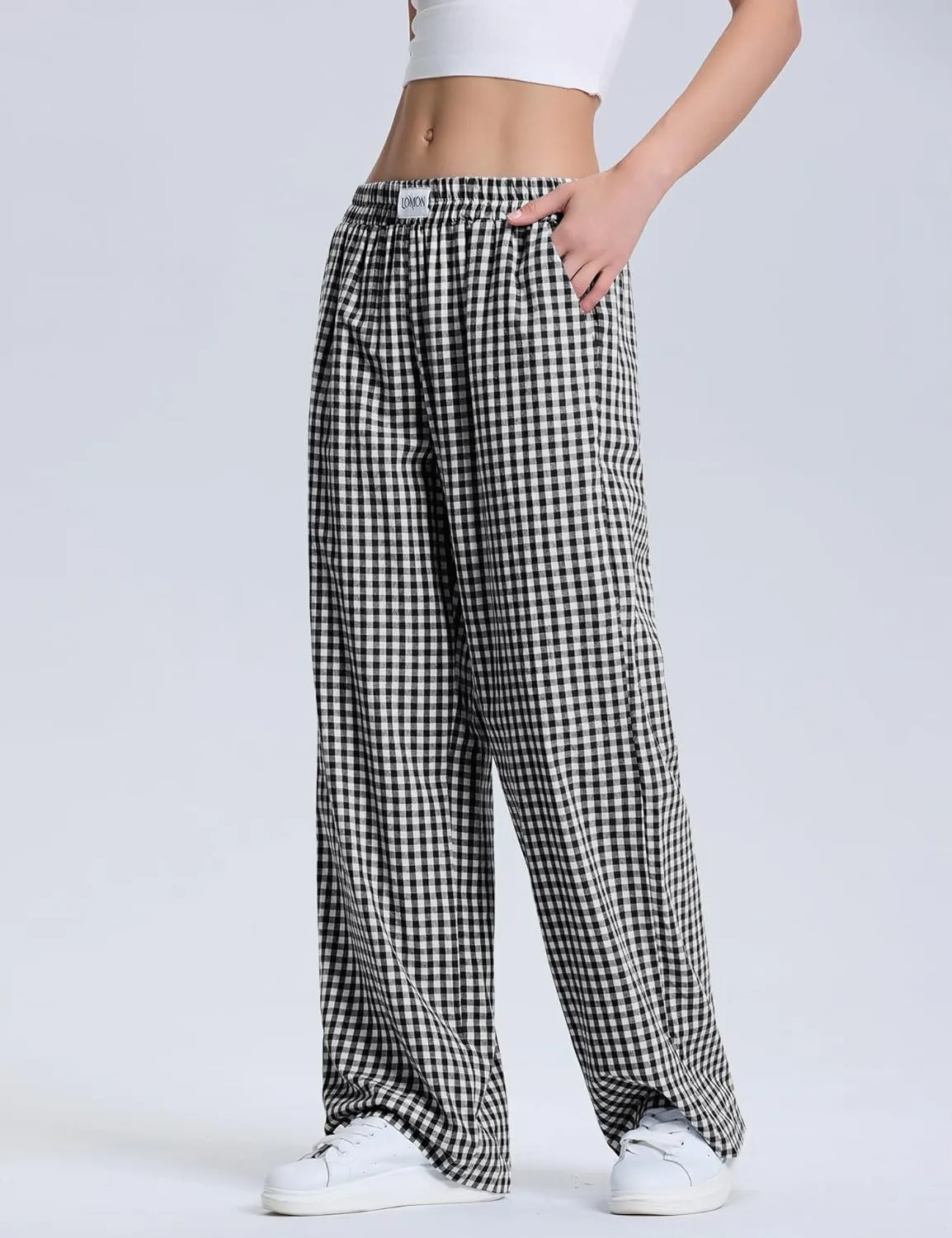 LOMON Women's Striped Gingham Boxer Pants Cotton Pajama Lounge Pj Casual Plaid Trousers Y2K Beach Bottoms with Pockets