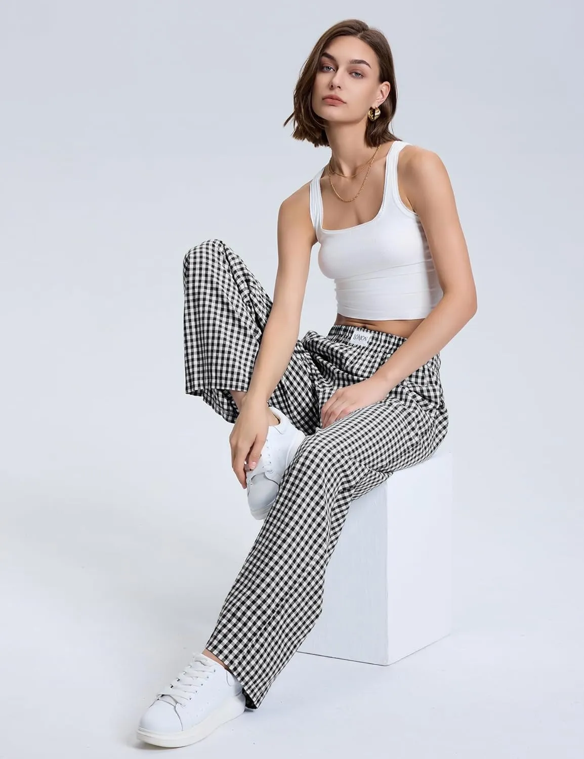 LOMON Women's Striped Gingham Boxer Pants Cotton Pajama Lounge Pj Casual Plaid Trousers Y2K Beach Bottoms with Pockets