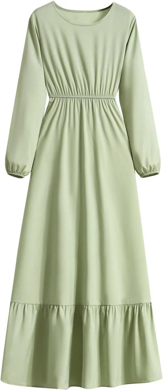 Long Dresses for Women Fall Fashion Long Sleeve Elastic Waist Tiered Ruffle Maxi Dress Causal Crewneck Party Dresses