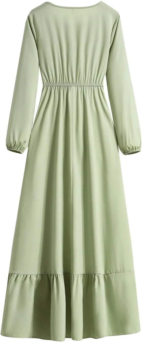 Long Dresses for Women Fall Fashion Long Sleeve Elastic Waist Tiered Ruffle Maxi Dress Causal Crewneck Party Dresses