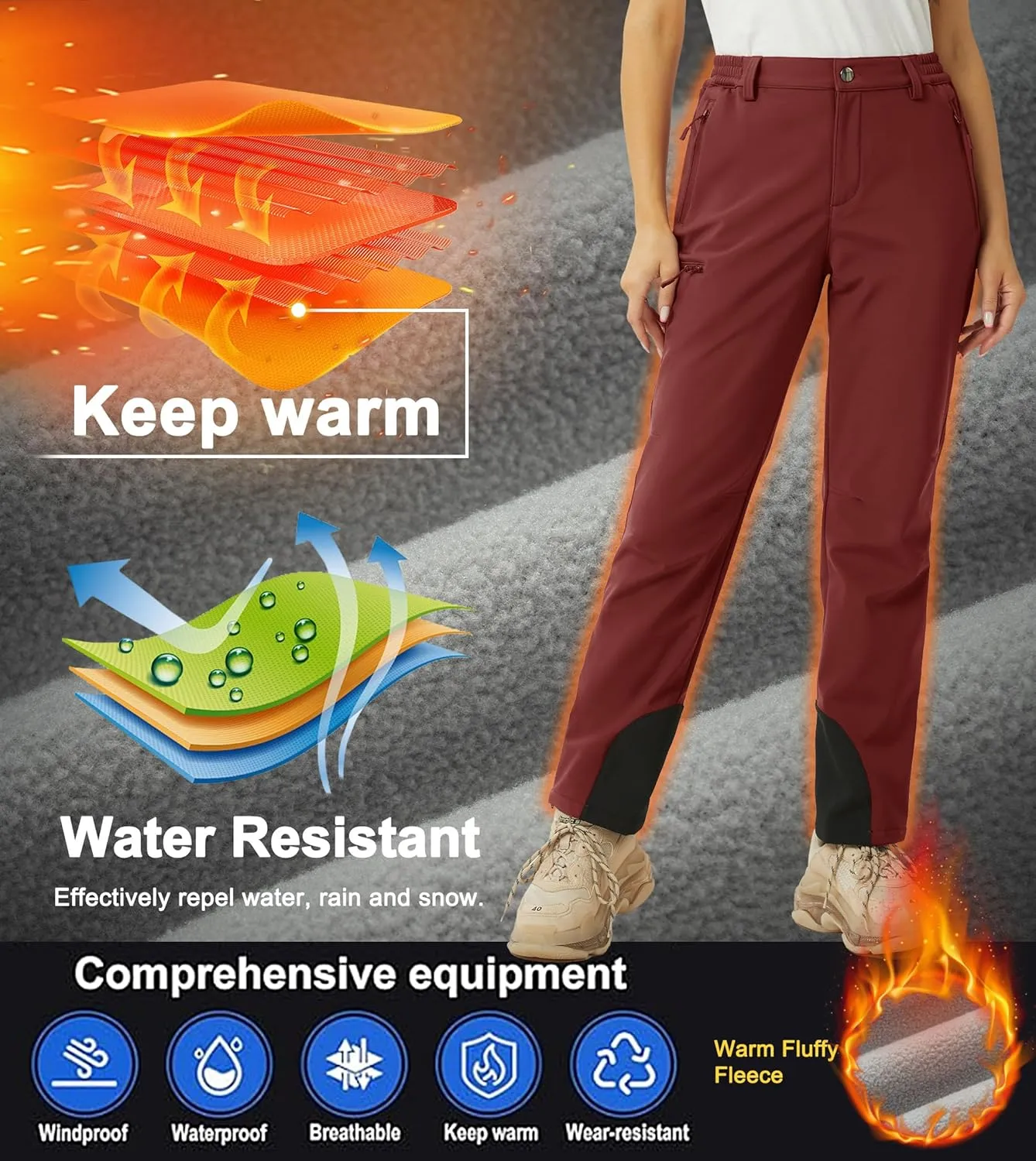 MAGCOMSEN Women's Fleece Lined Winter Hiking Pants Waterproof Insulated Ski Snow Pants Outdoor Hunting Softshell Pants