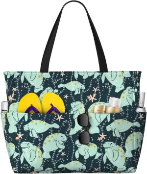Manatee Animals Calf Print Large Capacity Beach Travel Bag For Family, Beach Tote Bag For Women With Zipper Pockets