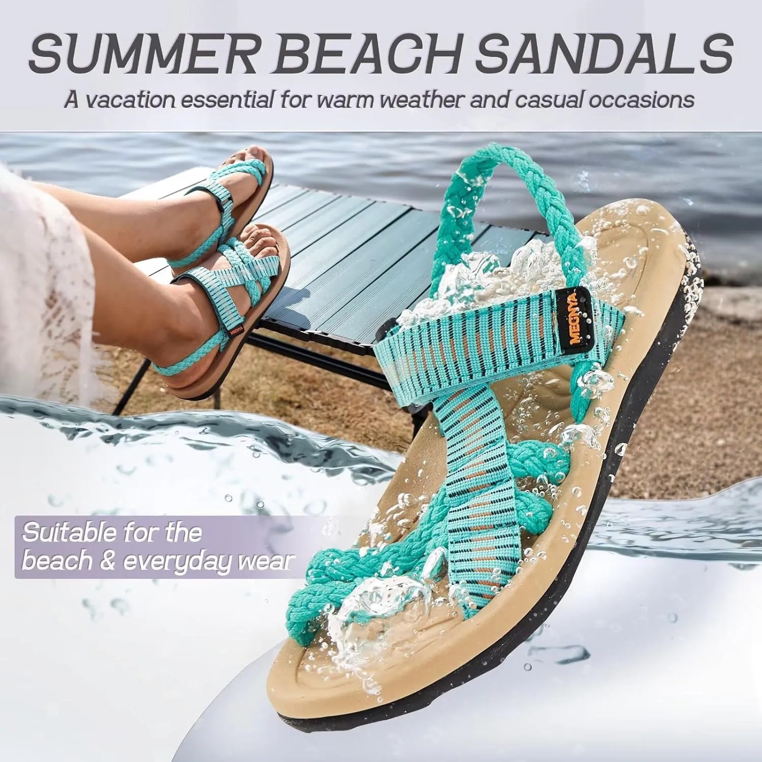 MEGNYA Comfortable Womens Hiking Sandals, Flip Flop Walking Sandals with Arch Support, Athletic Sandals with Hook and Loop Straps for Beach Vacation Adventure