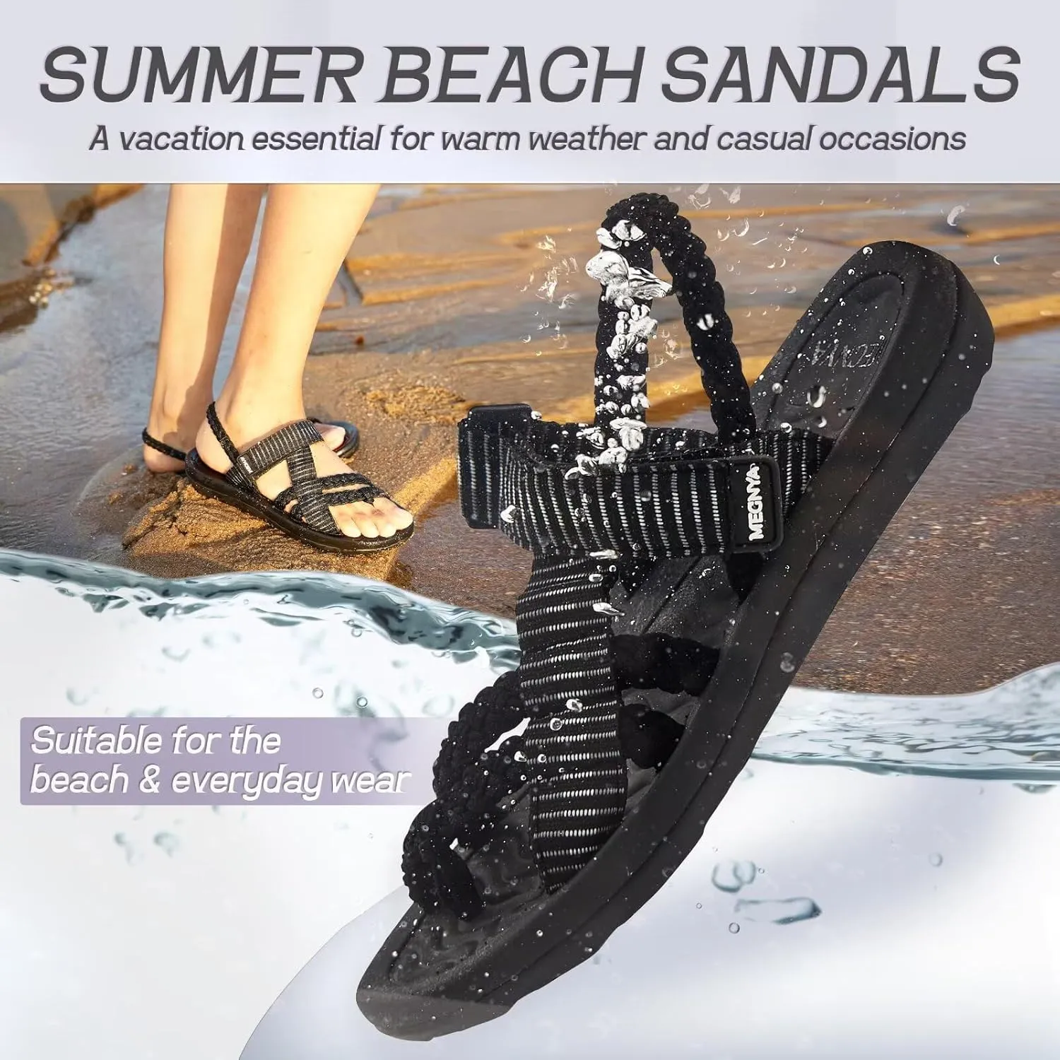 MEGNYA Comfortable Womens Hiking Sandals, Flip Flop Walking Sandals with Arch Support, Athletic Sandals with Hook and Loop Straps for Beach Vacation Adventure