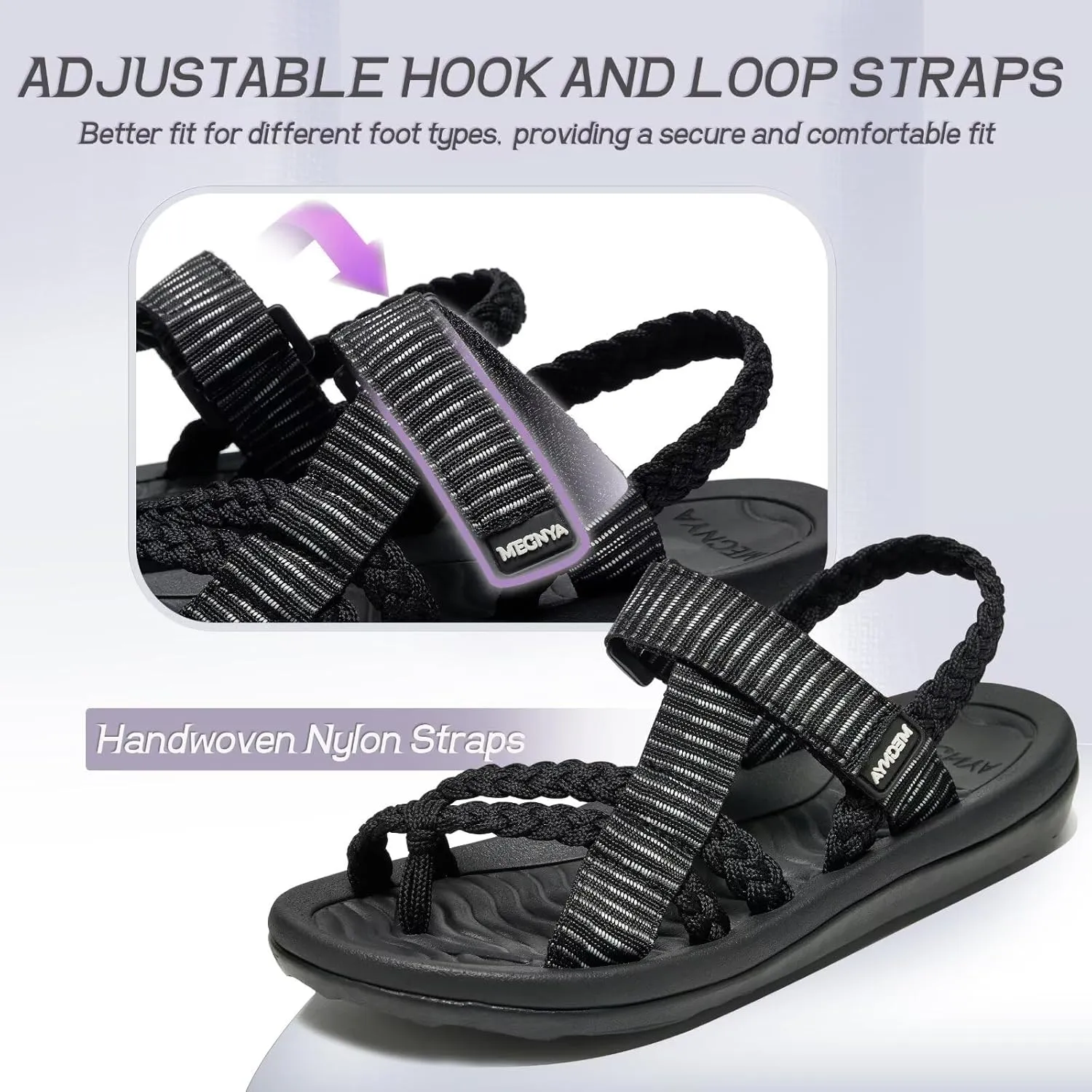 MEGNYA Comfortable Womens Hiking Sandals, Flip Flop Walking Sandals with Arch Support, Athletic Sandals with Hook and Loop Straps for Beach Vacation Adventure