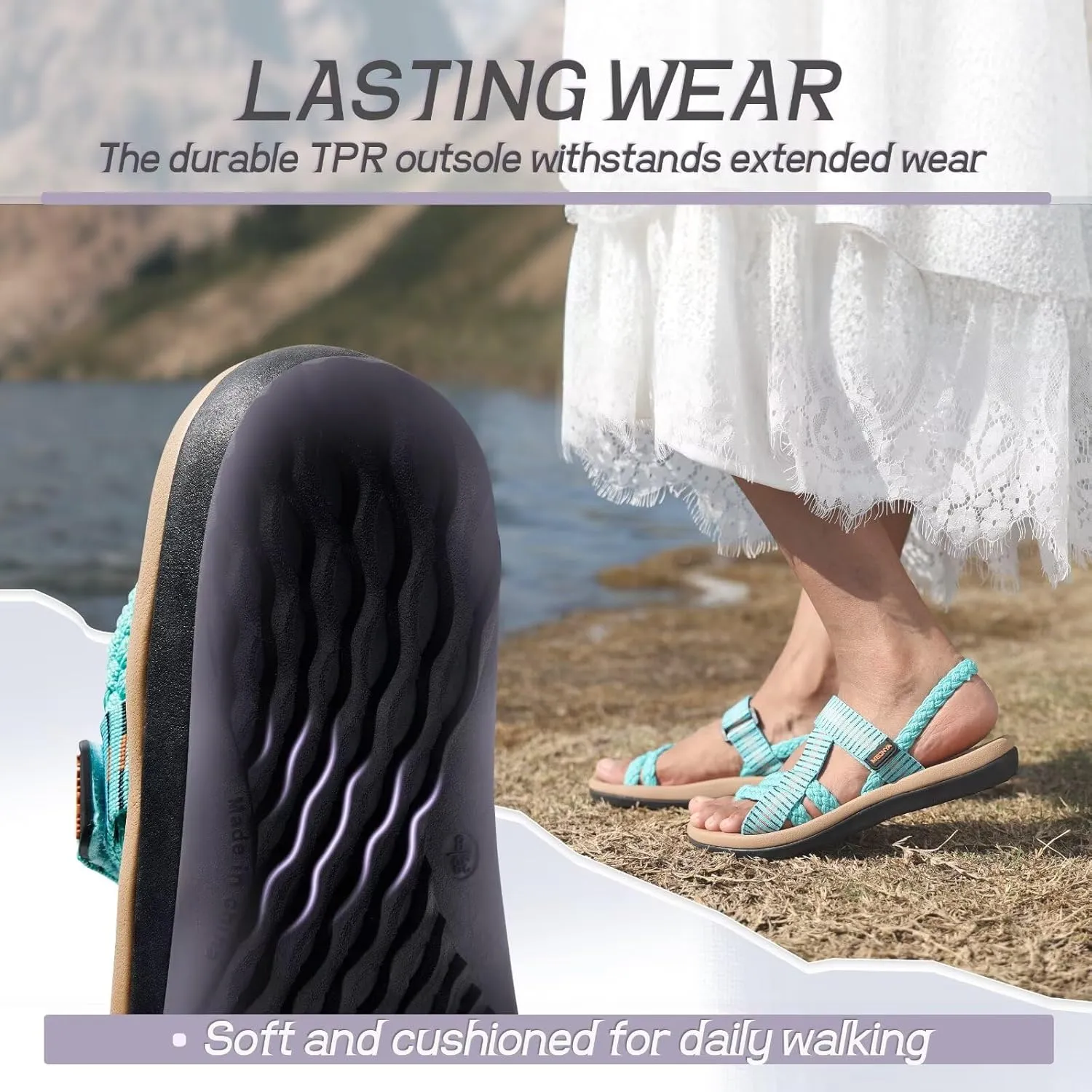 MEGNYA Comfortable Womens Hiking Sandals, Flip Flop Walking Sandals with Arch Support, Athletic Sandals with Hook and Loop Straps for Beach Vacation Adventure