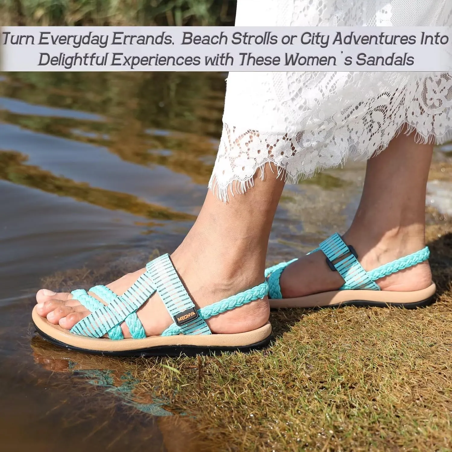 MEGNYA Comfortable Womens Hiking Sandals, Flip Flop Walking Sandals with Arch Support, Athletic Sandals with Hook and Loop Straps for Beach Vacation Adventure
