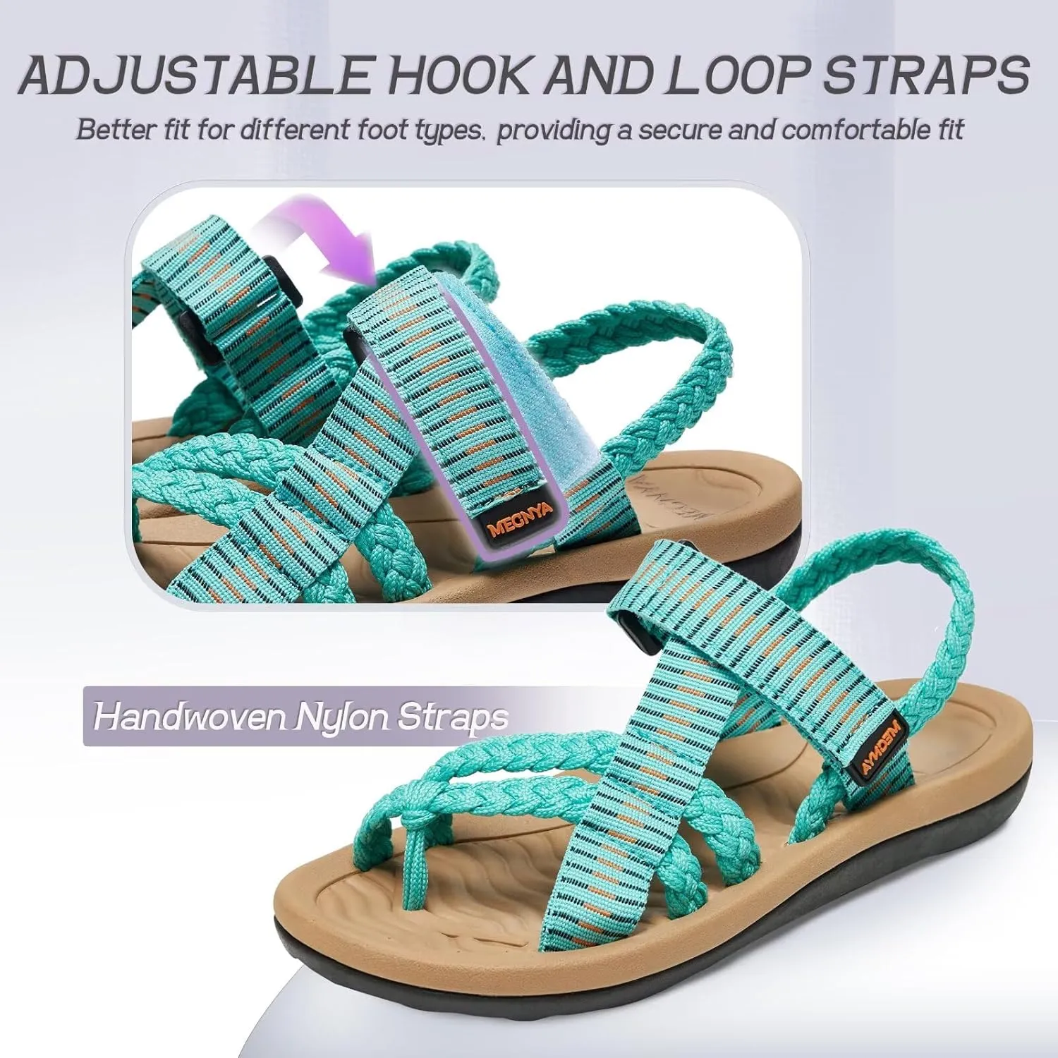 MEGNYA Comfortable Womens Hiking Sandals, Flip Flop Walking Sandals with Arch Support, Athletic Sandals with Hook and Loop Straps for Beach Vacation Adventure