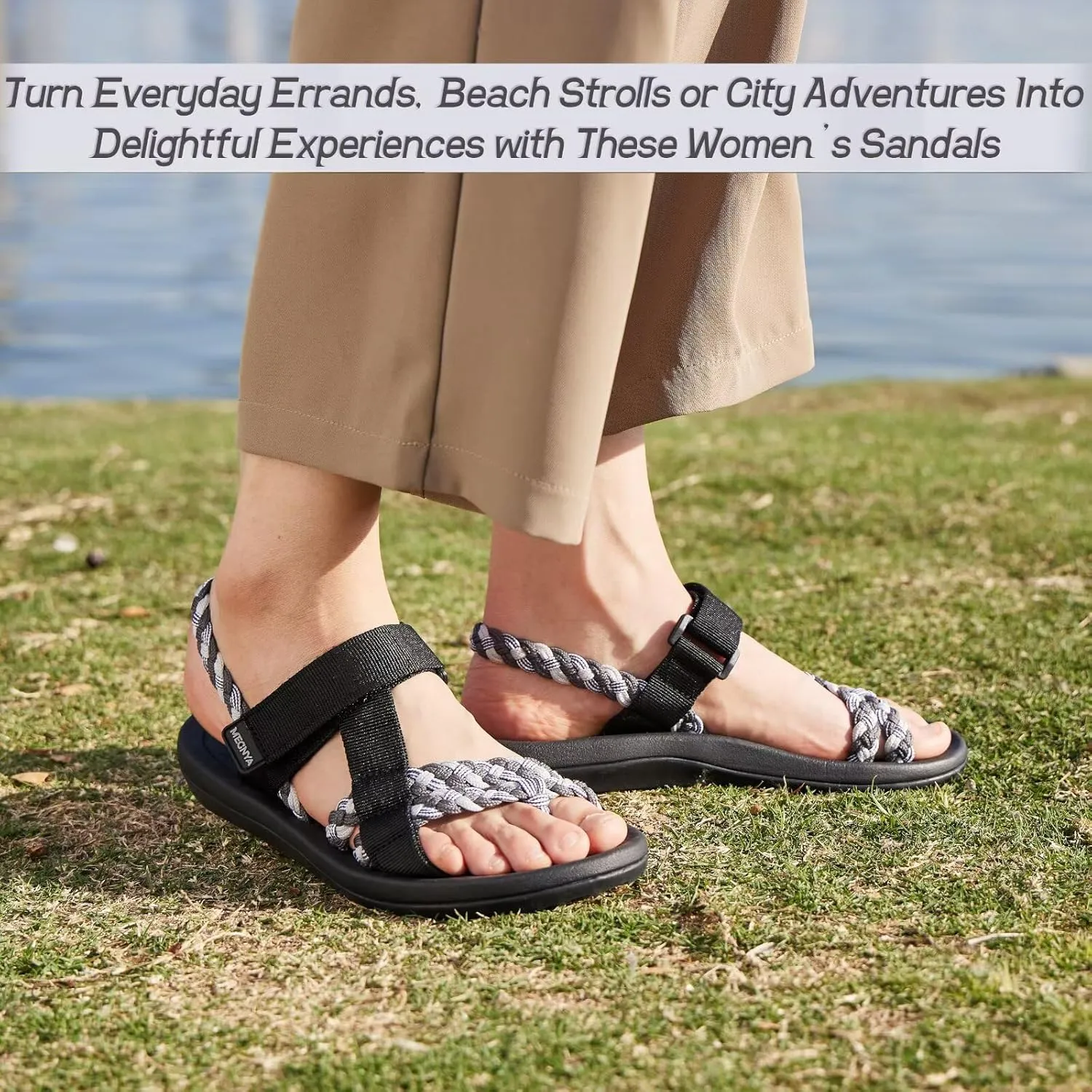 MEGNYA Hiking Sandals for Womens, Comfortable Walking Flip Flop Sandals with Arch Support, Athletic Sandals with Hook and Loop Straps for Beach Vacation Adventure