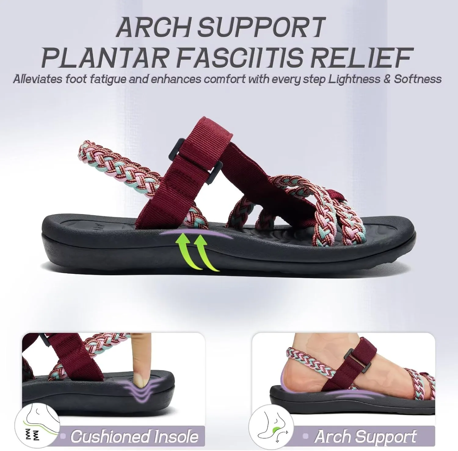 MEGNYA Hiking Sandals for Womens, Comfortable Walking Flip Flop Sandals with Arch Support, Athletic Sandals with Hook and Loop Straps for Beach Vacation Adventure