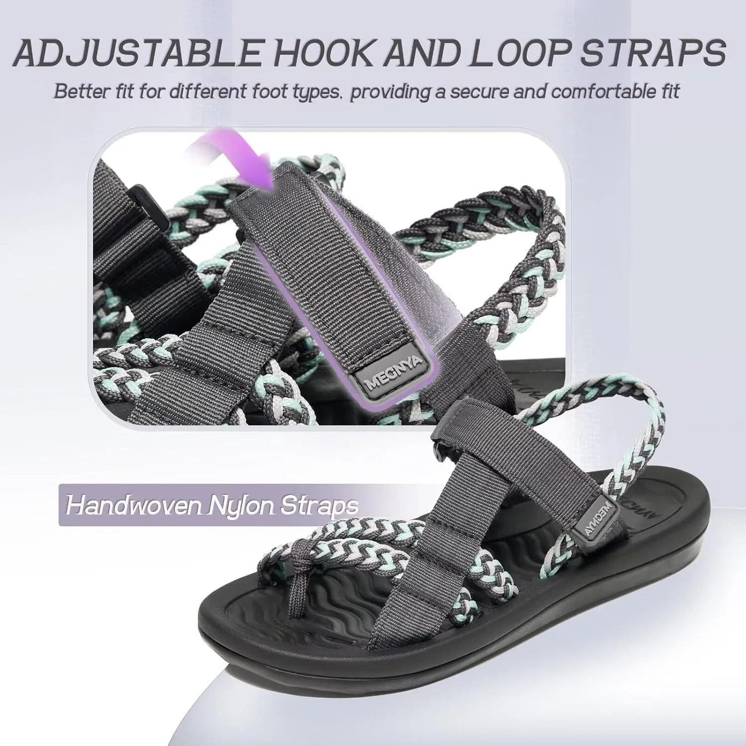 MEGNYA Hiking Sandals for Womens, Comfortable Walking Flip Flop Sandals with Arch Support, Athletic Sandals with Hook and Loop Straps for Beach Vacation Adventure
