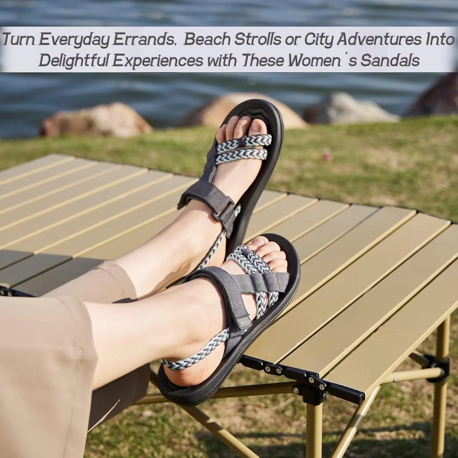MEGNYA Hiking Sandals for Womens, Comfortable Walking Flip Flop Sandals with Arch Support, Athletic Sandals with Hook and Loop Straps for Beach Vacation Adventure