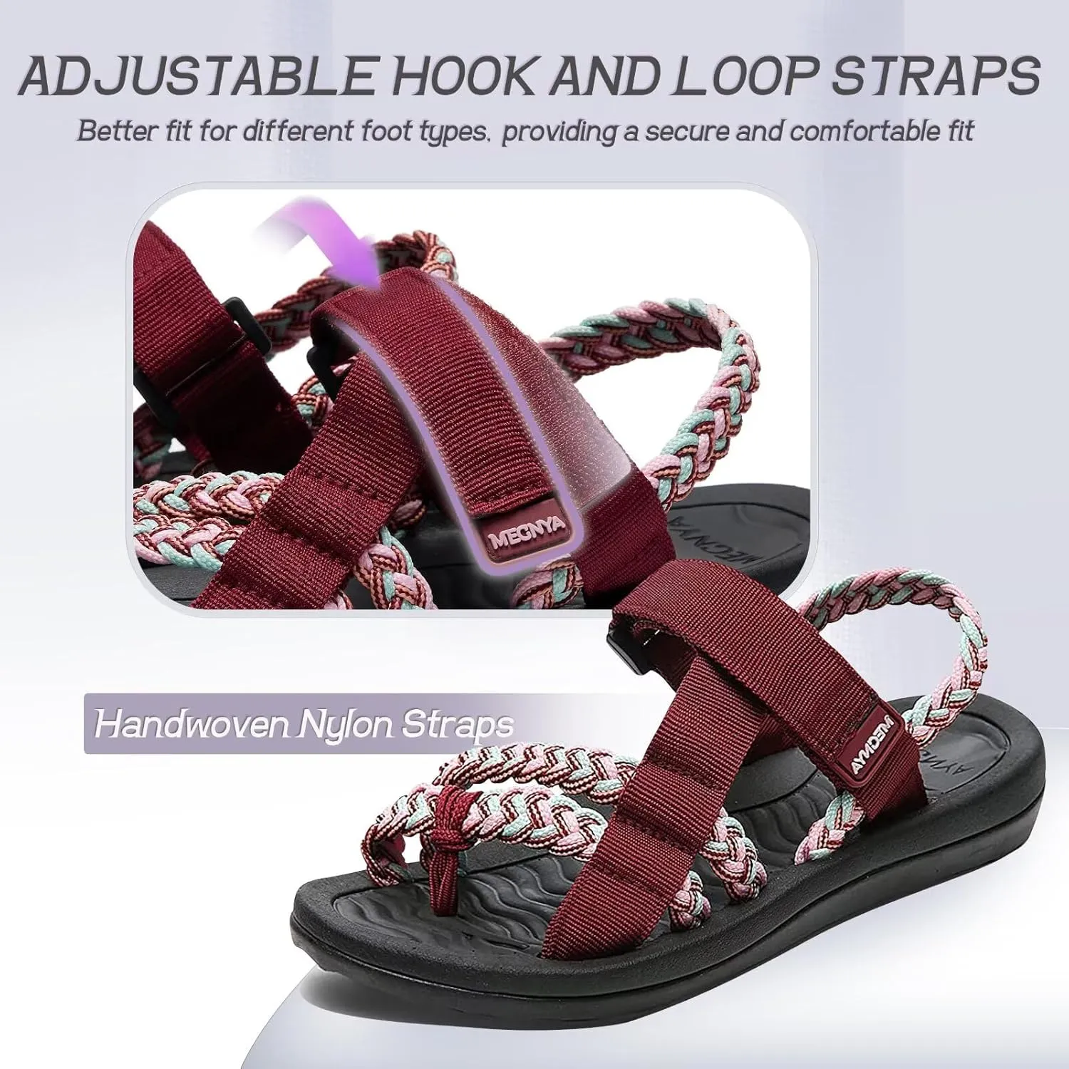 MEGNYA Hiking Sandals for Womens, Comfortable Walking Flip Flop Sandals with Arch Support, Athletic Sandals with Hook and Loop Straps for Beach Vacation Adventure