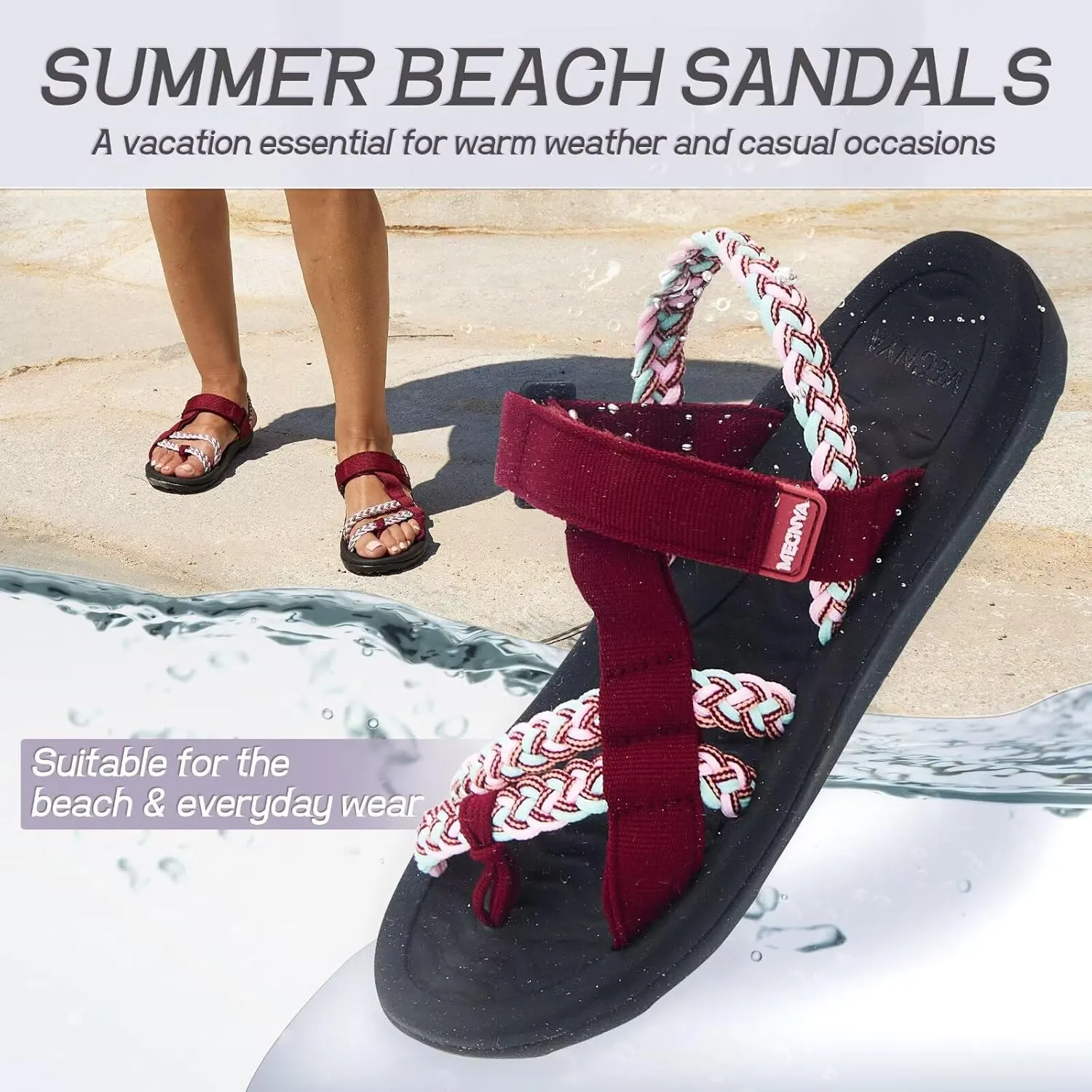 MEGNYA Hiking Sandals for Womens, Comfortable Walking Flip Flop Sandals with Arch Support, Athletic Sandals with Hook and Loop Straps for Beach Vacation Adventure