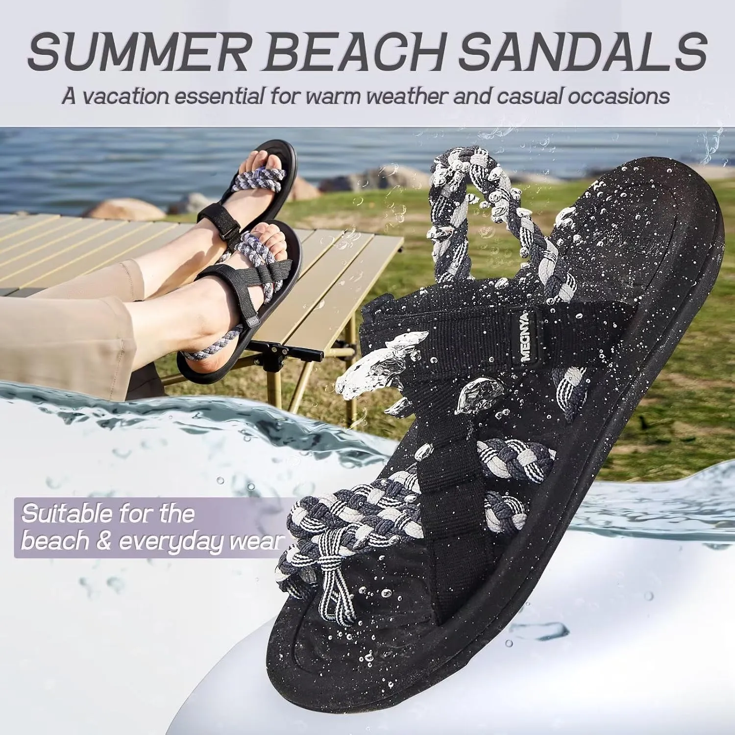 MEGNYA Hiking Sandals for Womens, Comfortable Walking Flip Flop Sandals with Arch Support, Athletic Sandals with Hook and Loop Straps for Beach Vacation Adventure
