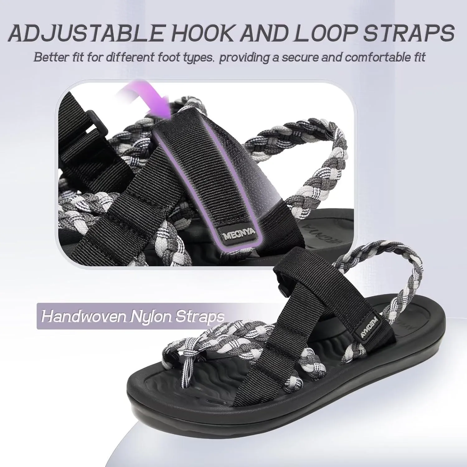 MEGNYA Hiking Sandals for Womens, Comfortable Walking Flip Flop Sandals with Arch Support, Athletic Sandals with Hook and Loop Straps for Beach Vacation Adventure