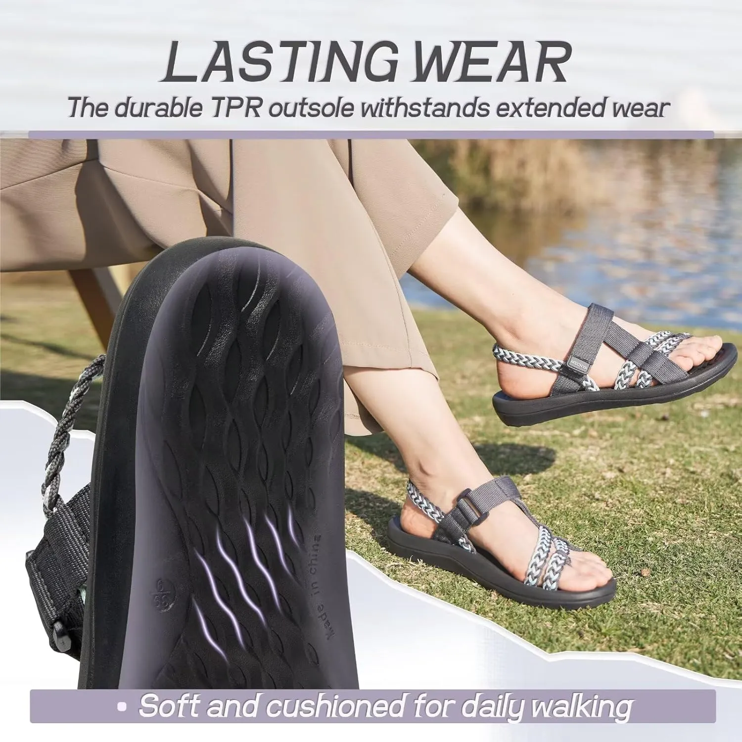MEGNYA Hiking Sandals for Womens, Comfortable Walking Flip Flop Sandals with Arch Support, Athletic Sandals with Hook and Loop Straps for Beach Vacation Adventure