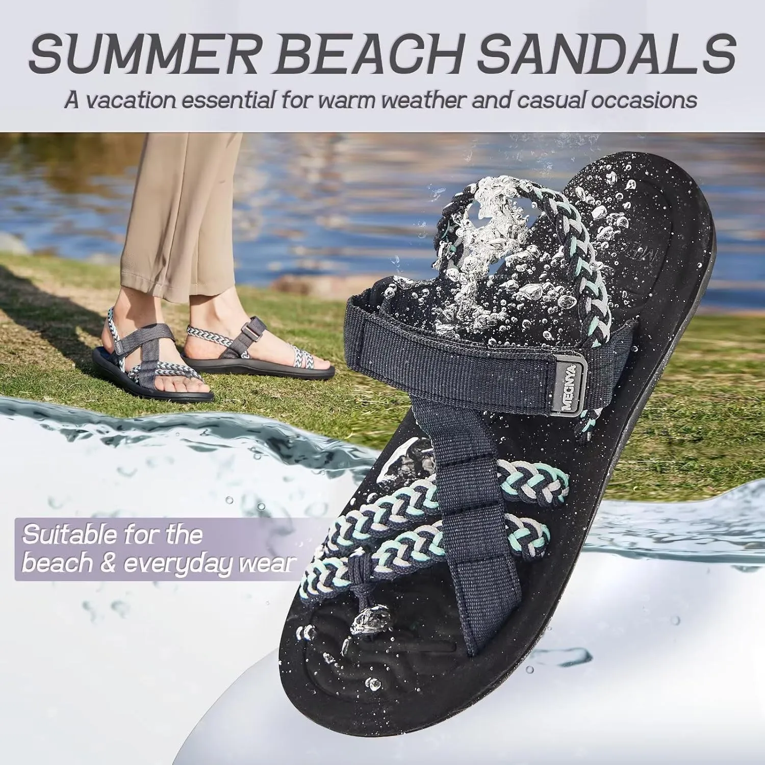 MEGNYA Hiking Sandals for Womens, Comfortable Walking Flip Flop Sandals with Arch Support, Athletic Sandals with Hook and Loop Straps for Beach Vacation Adventure