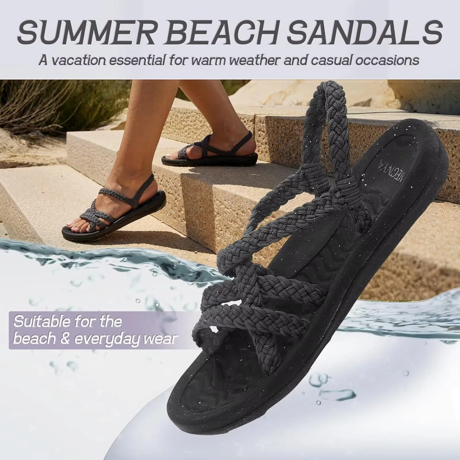 MEGNYA Women's Comfortable Walking Sandals with Arch Support, Athletic Hiking Sandals with Handmade Straps, Outdoor Soft Water Sandals for Beach Poolside Travel Camping