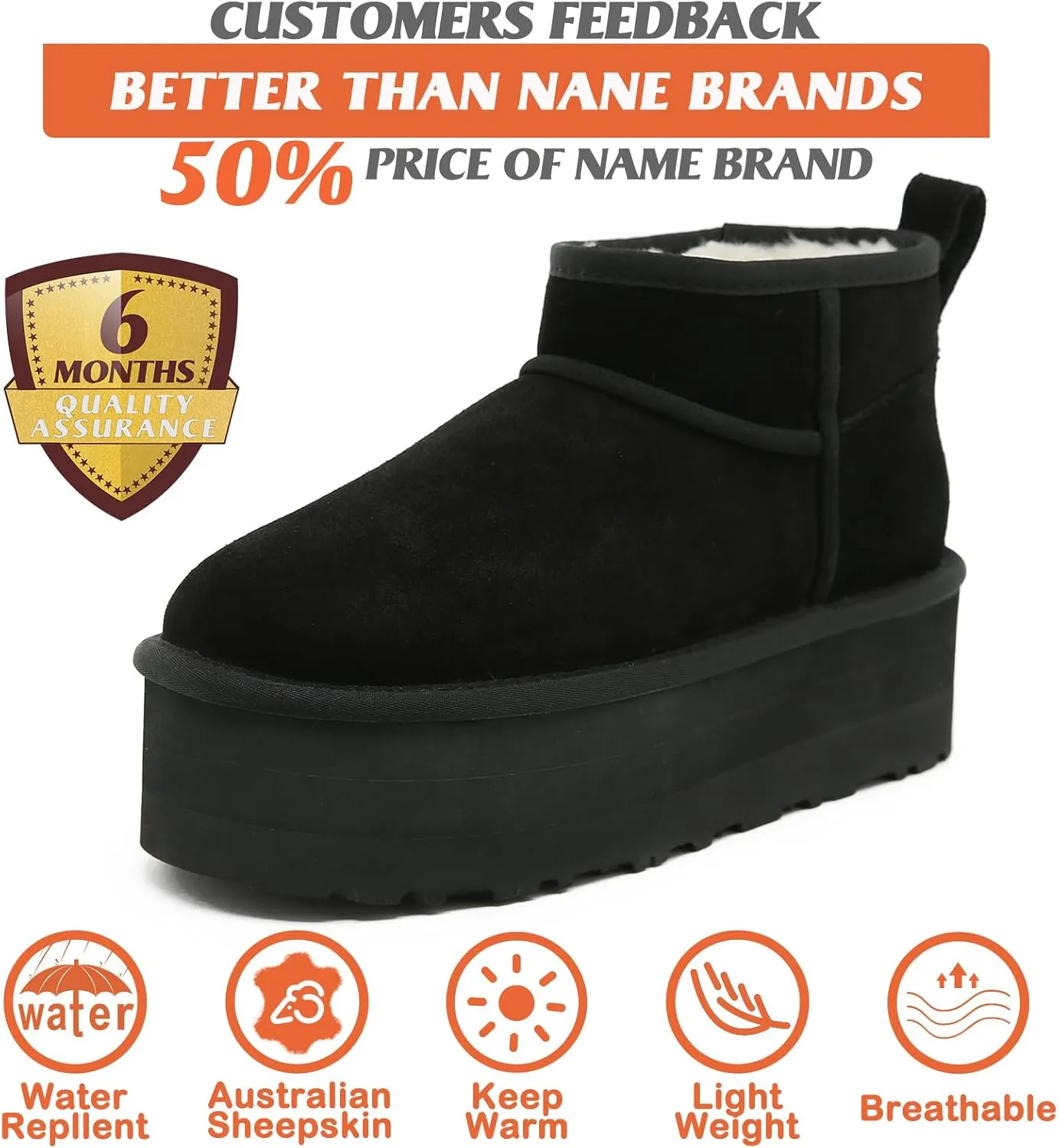 Mel&Syd 100% Australian Sheepskin Boots Womens - Upgraded Memory Foam Insole Waterproof Suede Ultra Mini Boots - Anti-Slip Comfy Winter Shearling Boots for Womens - Ankle Platform Snow Boots for Women
