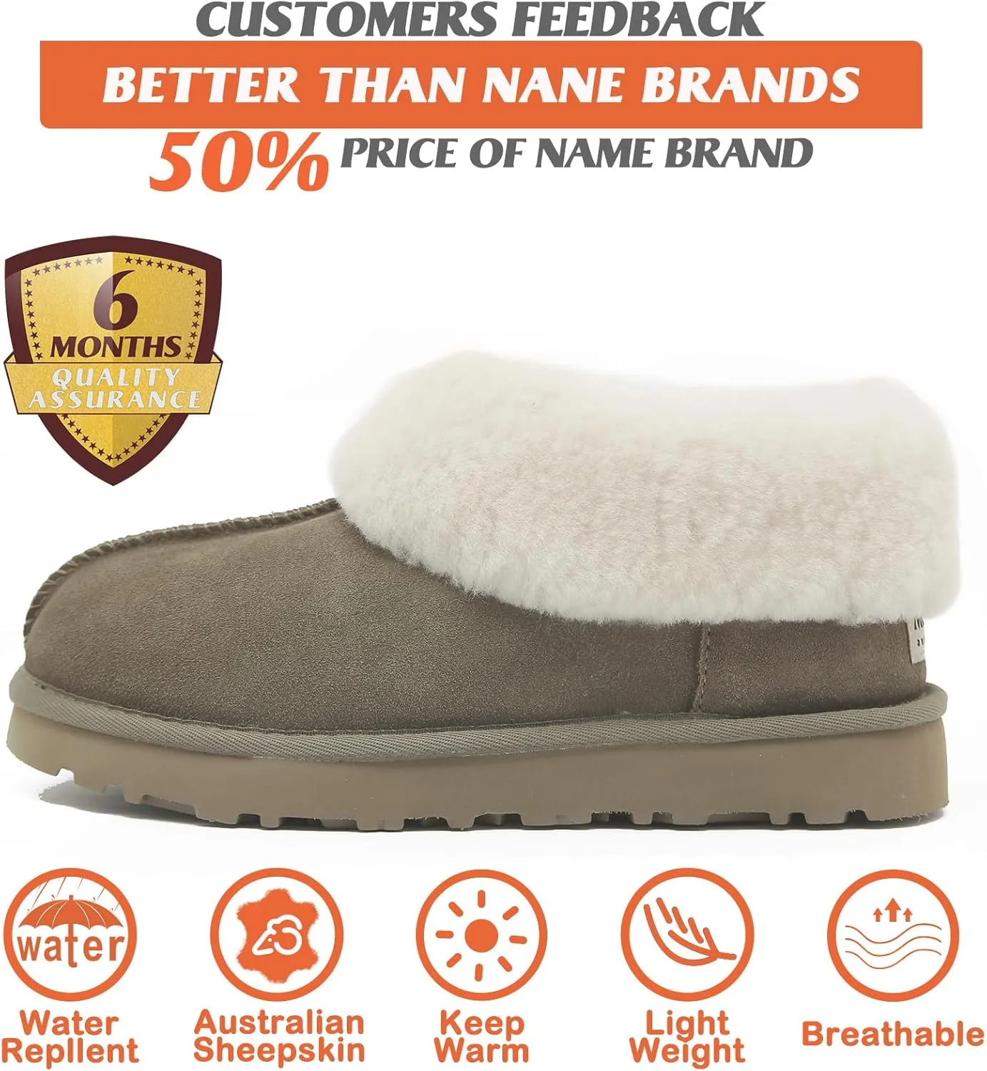 Mel&Syd 100% Australian Sheepskin Moccasin Slippers for Women/Men - Loafers Slip On Mini Boots - Lightweight Memory Foam Winter House Shoes - Comfy Shearling Snow Boots for Cold with Fluffy Collar