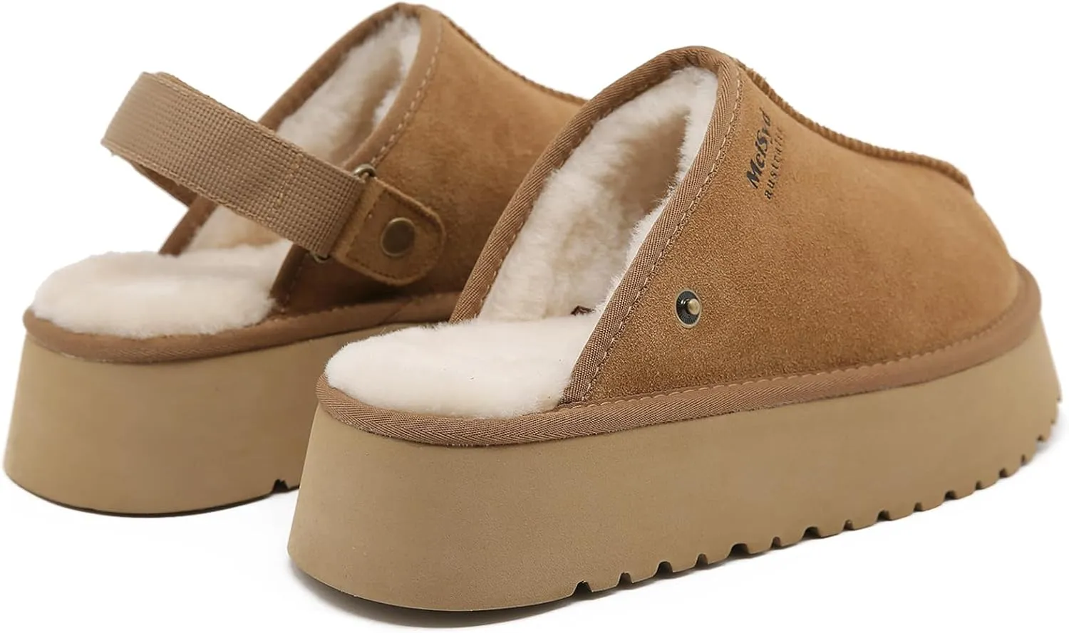 Mel&Syd 100% Australian Sheepskin Slippers for Womens-Goldenstar Clog-Adjustable Heel Strap Heighten Elastic Memory Foam Sole Shearling Warm Comfy Water Resistant for Indoor Outdoor Fur Sandals Shoes