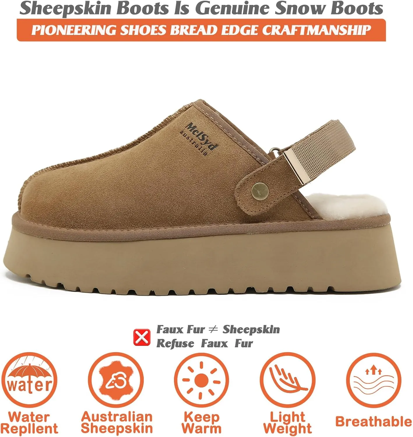 Mel&Syd 100% Australian Sheepskin Slippers for Womens-Goldenstar Clog-Adjustable Heel Strap Heighten Elastic Memory Foam Sole Shearling Warm Comfy Water Resistant for Indoor Outdoor Fur Sandals Shoes