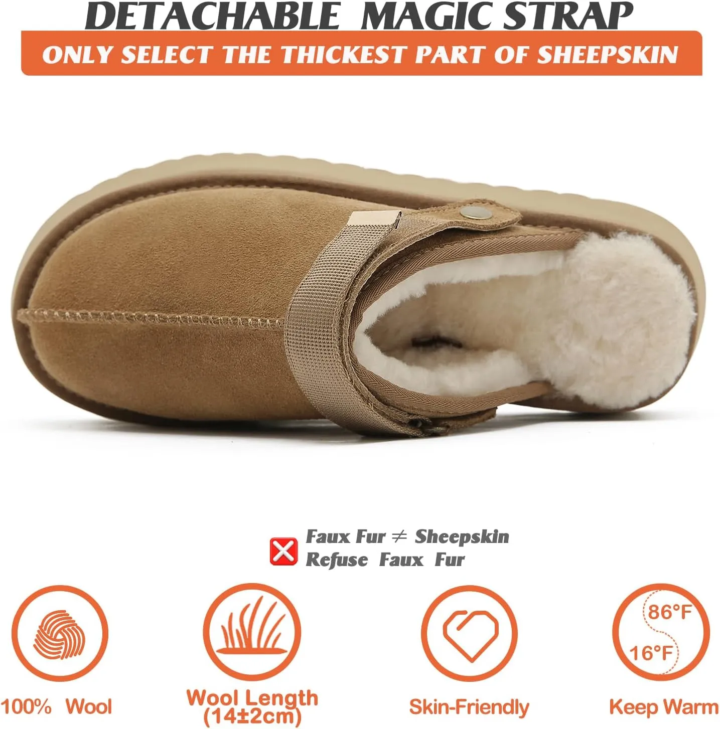 Mel&Syd 100% Australian Sheepskin Slippers for Womens-Goldenstar Clog-Adjustable Heel Strap Heighten Elastic Memory Foam Sole Shearling Warm Comfy Water Resistant for Indoor Outdoor Fur Sandals Shoes