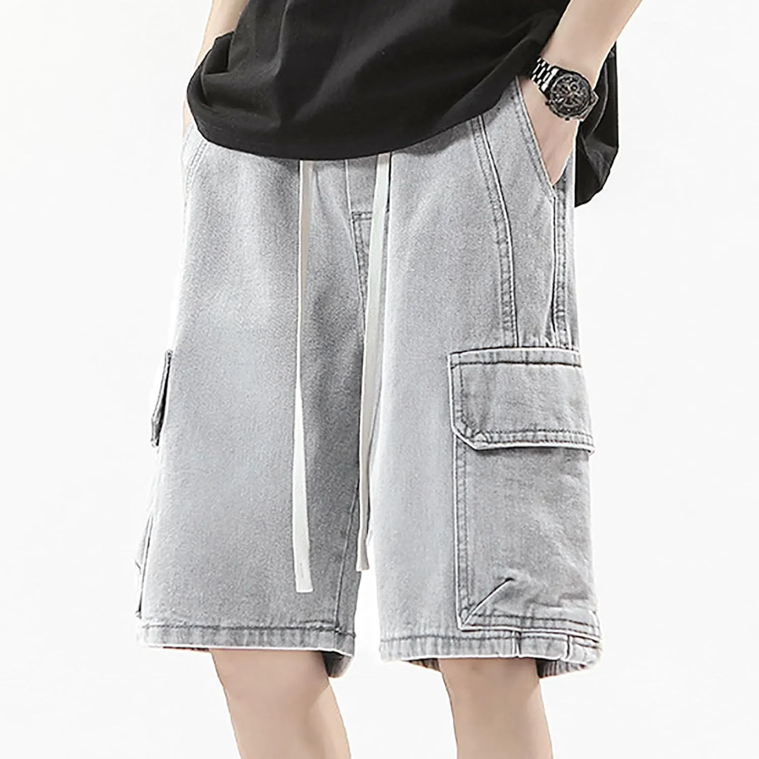 Men Loose Fit Denim Shorts Baggy Casual Summer Wide Leg Mid Jean Jorts Hip Hop Shorts Streetwear with Pockets