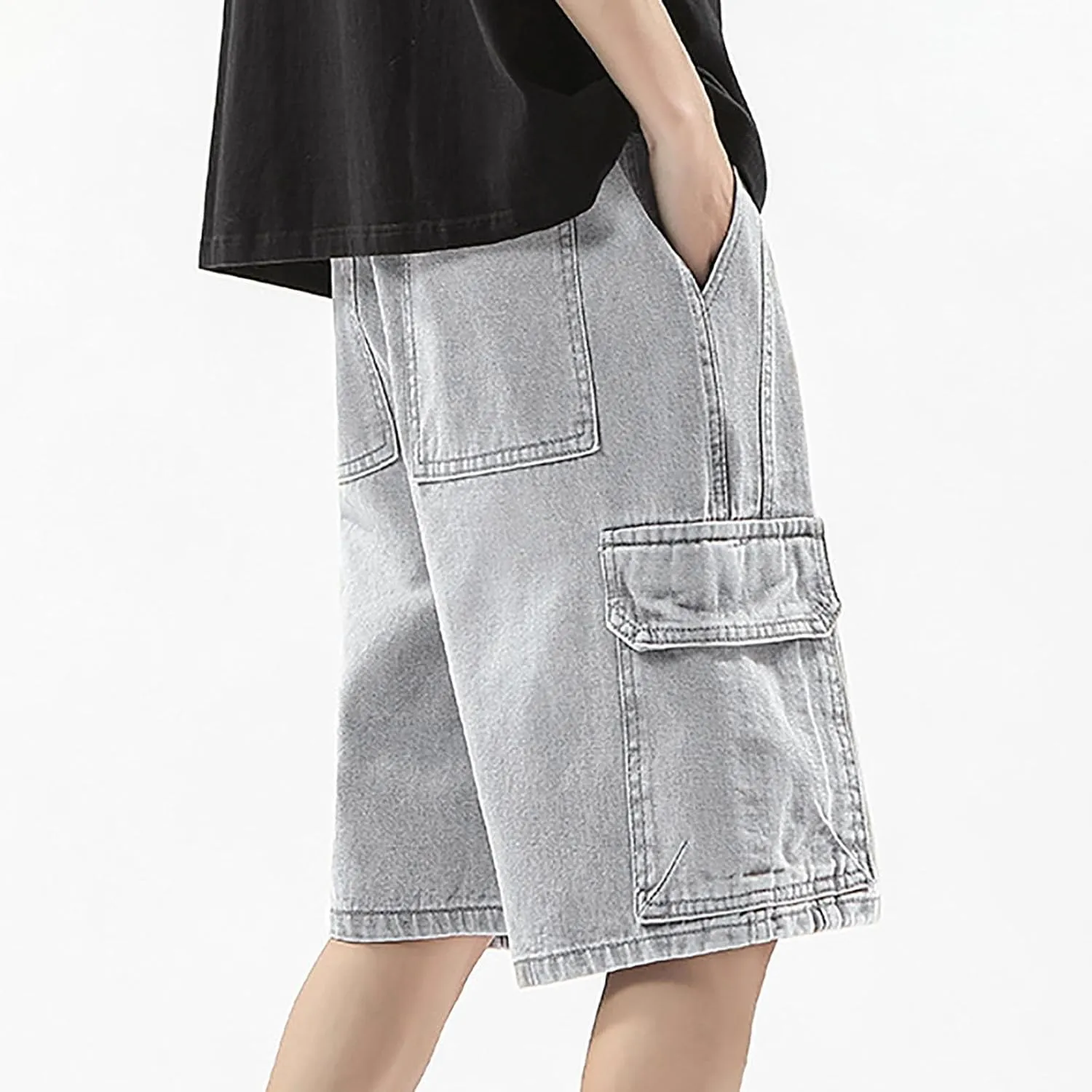 Men Loose Fit Denim Shorts Baggy Casual Summer Wide Leg Mid Jean Jorts Hip Hop Shorts Streetwear with Pockets