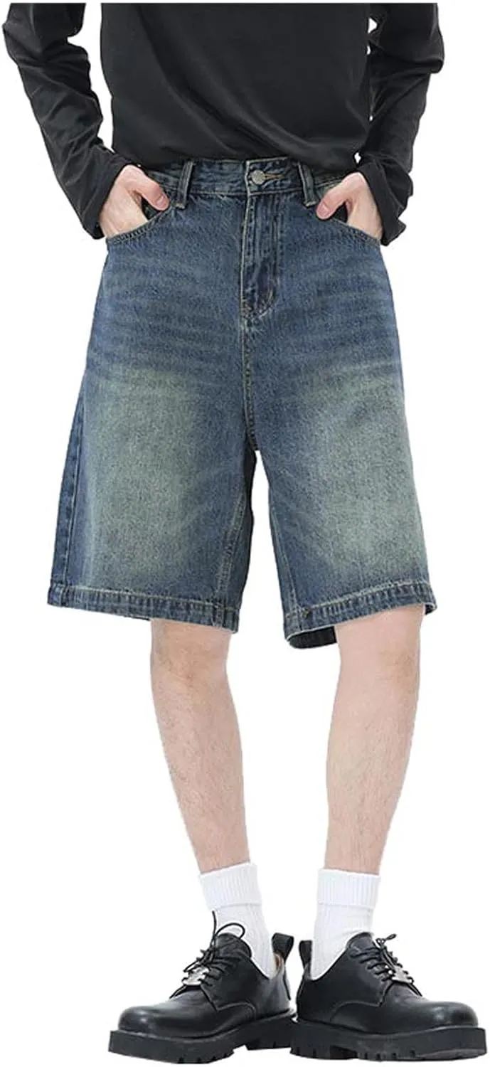 Men Y2K Vintage Baggy Jean Shorts Summer Casual Hip Hop Mid Loose Denim Shorts Trendy Outfits