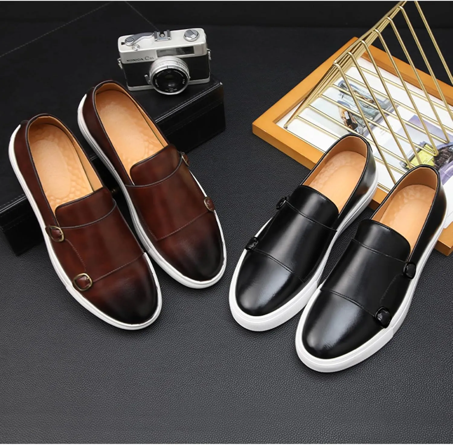 Men's Casual Loafers Monk Strap Classic Lightweight Slip-On Walking Dress Shoes