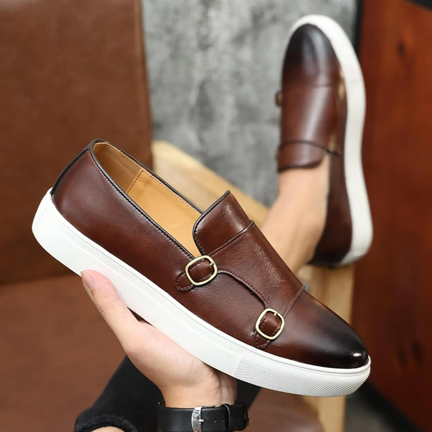 Men's Casual Loafers Monk Strap Classic Lightweight Slip-On Walking Dress Shoes