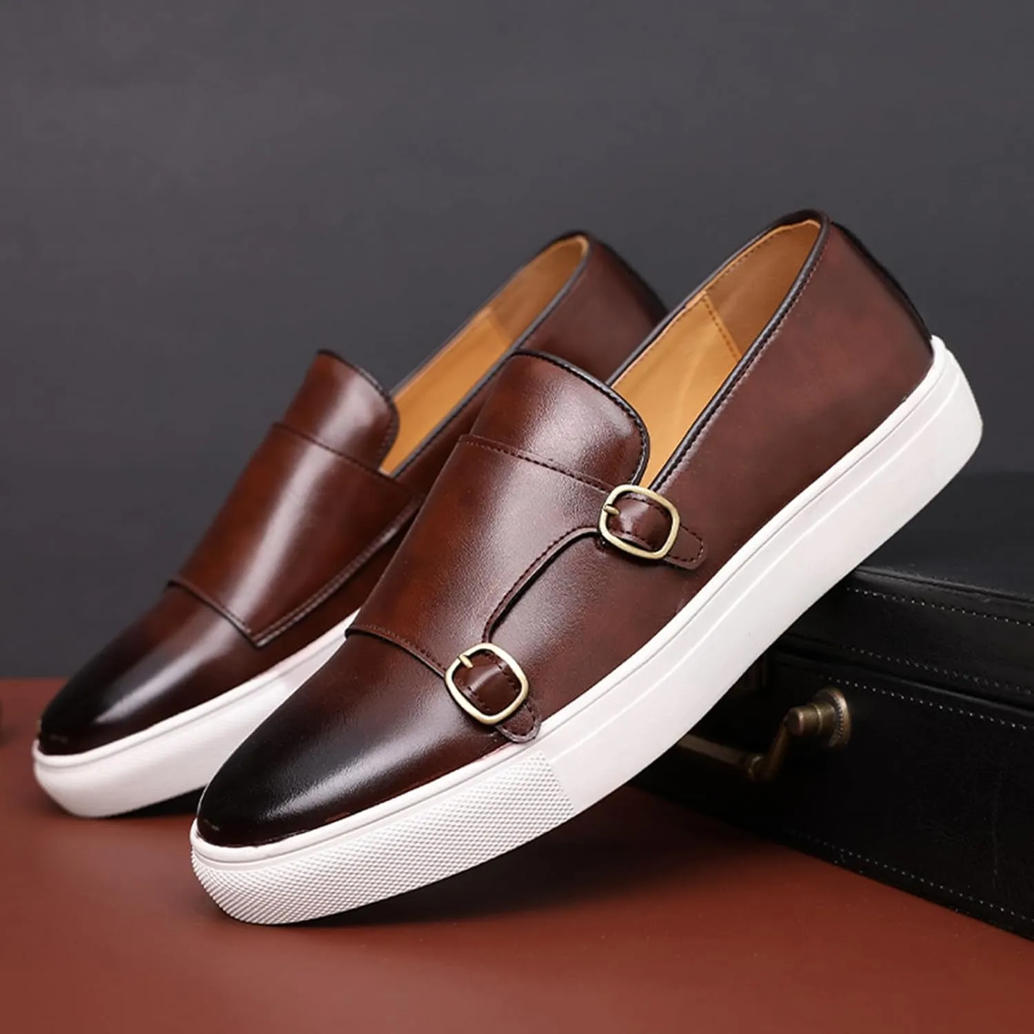 Men's Casual Loafers Monk Strap Classic Lightweight Slip-On Walking Dress Shoes