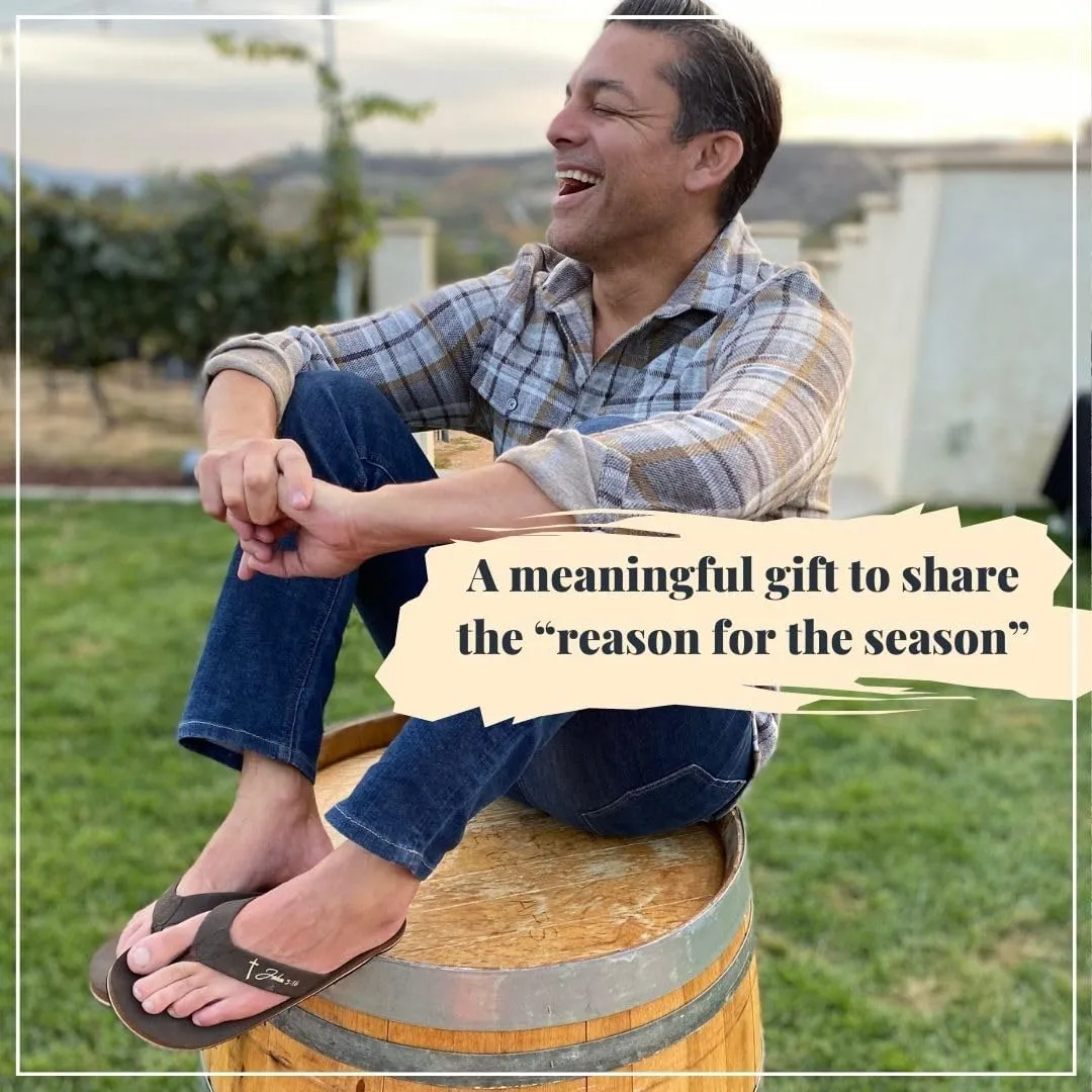 Men’s Christian Apparel and Footwear, Cross Bottom Flip Flops for Men, Jesus Sandals for Men, Unique Christian Clothing, Men’s Sandals with John 3:16 Bible Verse