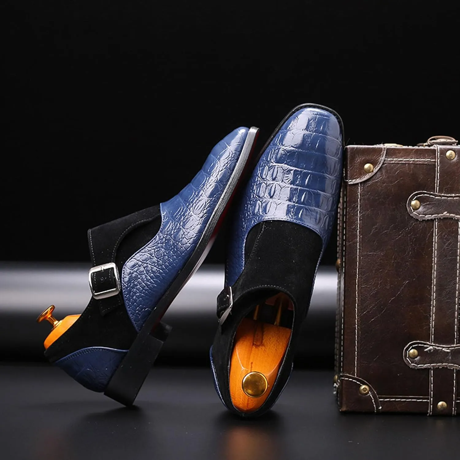 Men's Dress Crocodile Print Loafers Elastic Slip on with Buckle Fashion Shoes Wedding Shoes