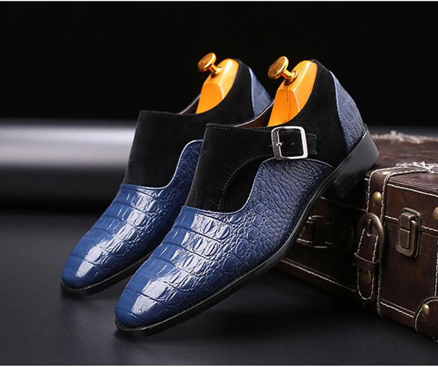 Men's Dress Crocodile Print Loafers Elastic Slip on with Buckle Fashion Shoes Wedding Shoes