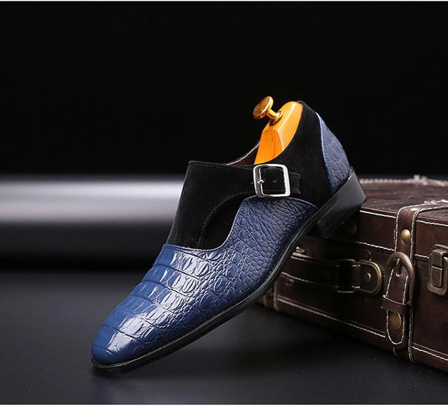Men's Dress Crocodile Print Loafers Elastic Slip on with Buckle Fashion Shoes Wedding Shoes